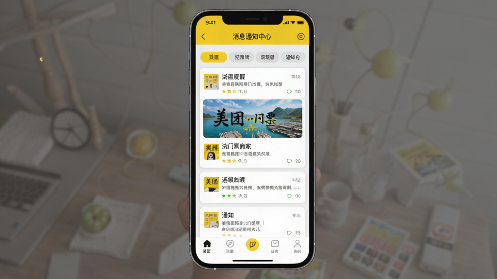 美团门票度假商家 消息通知中心 主体为手机屏幕显示通知列表 布局为顶部筛选标签 中间消息卡片 底部导航栏 排版有序 风格简洁 细节清晰 画质干净 无多余元素