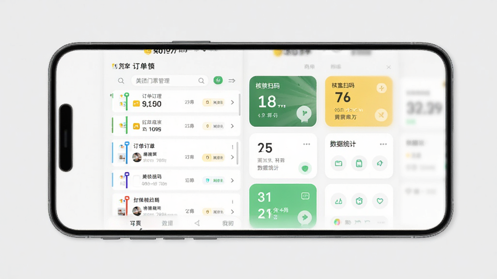 美团门票度假商家 手机应用界面展示 主体为一部智能手机 屏幕显示商家后台管理页面 布局包含订单列表 核销扫码 数据统计卡片 排版居中 风格现代扁平 细节圆润 画质干净 无多余元素
