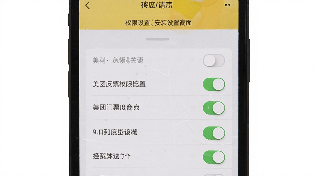 美团门票度假商家 安装设置界面 主体为手机屏幕显示权限设置页面 布局为各项权限开关列表 排版清晰 风格系统原生 细节明确 画质干净 无多余元素