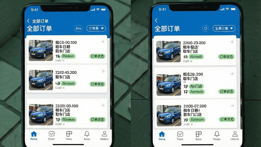һ���ֻ���Ļչʾ�����⳵APP��������ҳ���ͼƬ��ҳ������ʾ����������¼��Ƭ��ÿ����Ƭ������������ͼ���⳵���ڡ�ȡ���ŵ����ƺͶ���״̬��ǩ�������С�ȫ�������������ɸѡѡ��ײ������������ɼ������岼�����࣬������ɫ�������������޶���Ԫ��