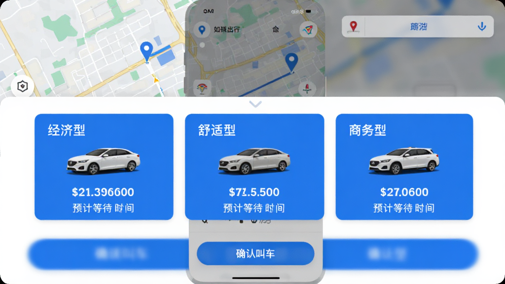 ��������Ӧ���ڳ���ѡ����棬��Ļ�Ϸ���ʾ��ͼ������յ㣬�м䵯�������͡������͡����������ֳ��Ϳ�Ƭ��ÿ�ſ�Ƭ��עԤ���۸��Ԥ�Ƶȴ�ʱ�䣬�ײ�Ϊȷ�Ͻг���ť��������ɫ����ƽ����Ʒ�񣬻��������ɾ�