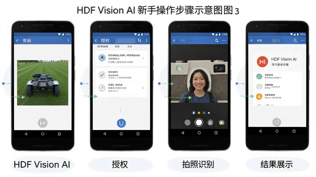 HDF Vision AI ���ֲ�������ʾ��ͼ������չʾһ����׿�ֻ�����Ļ�����������Ű�װ����Ȩ������ʶ�𡢽��չʾ�ĸ�����Ľ�ͼ����ͼ��ÿ�������·��м������ֱ�ע��������̳̻�����ɫ���������ʸɾ��޶���Ԫ��