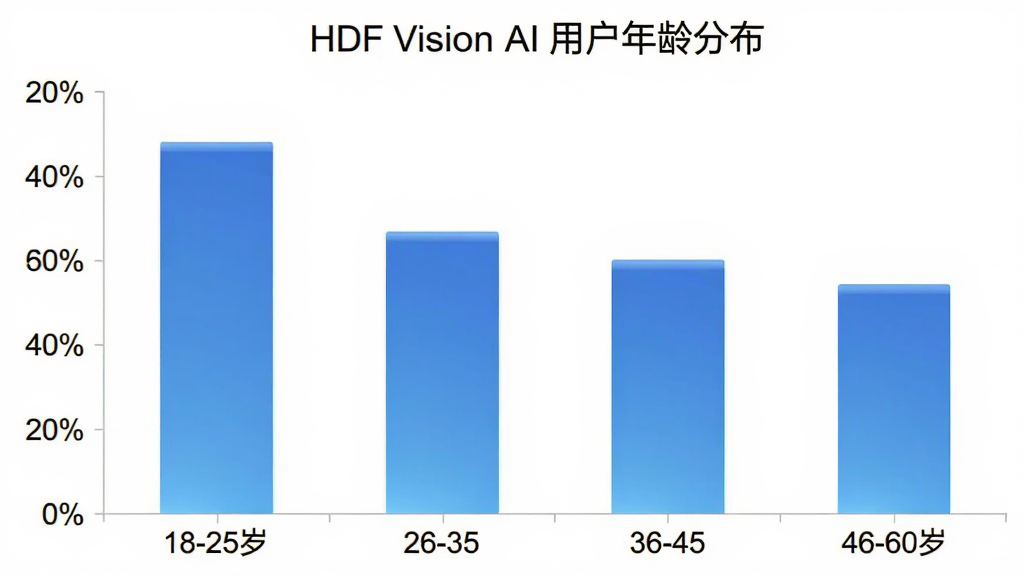 HDF Vision AI �û�����ֲ���״ͼ������Ϊ�����18-25�ꡢ26-35�ꡢ36-45�ꡢ46-60�꣬����Ϊ�û�����ռ�Ȱٷֱȣ���״��ɫΪ������ɫ��ͼ������Ϊ��HDF Vision AI �û�����ֲ����������ɾ���������ݿ��ӻ�����������������Ԫ��