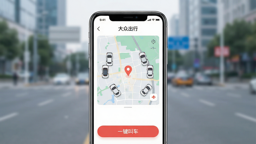 һ��չʾ�����ڳ��С�APP���Ľ�����ֻ�����ͼ��������һ���ִ������ֻ�����Ļ��ʾ�����ڳ��С�APP��ҳ�棬ҳ�������ǵ�ͼ��λ������ʾ�������ó���ͼ�꣬�ײ��С�һ���г�����ť��������ʾ�����ڳ��С����ֱ�ʶ������Ϊ�ֻ����з��ã�����Ϊ���ĳ��е�·�黯�������Ű�����������ִ���ƽ����ϸ��Բ�󣬻��ʸɾ��������޶���Ԫ�ء�