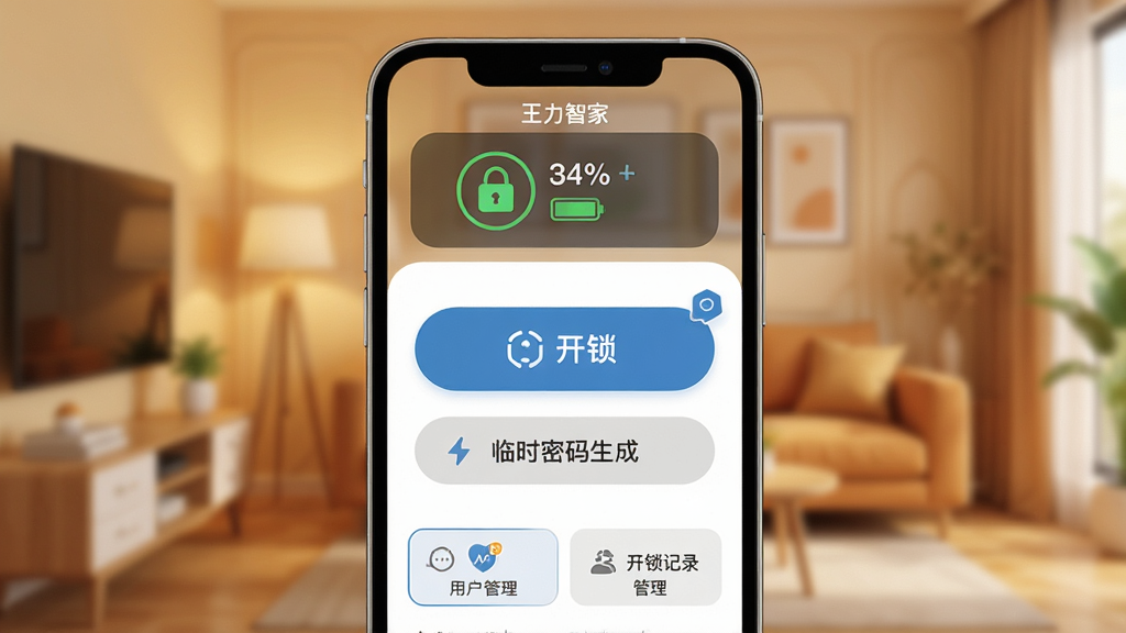 �ֻ���Ļ����չʾ�������Ǽҡ�App�����棬�Ϸ���ʾ��������״̬ͼ��͵����ٷֱȣ��м�����Ŀ�Ŀ�����ť����ʱ����������ڣ��·��������û������Ϳ�����¼ѡ�������Ϊůɫ���Ҿӻ����黯��������ִ���ƽ����ϸ��Բ�󣬻��ʸɾ��޶���Ԫ��
