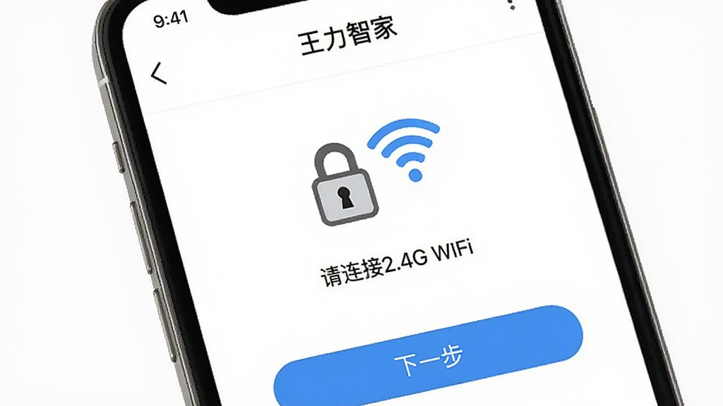 �ֻ�����չʾ�������Ǽҡ������豸��������ҳ��ҳ������������ͼ���WiFi�ź�ͼ�꣬�·����ֱ�ע��������2.4G WiFi������ťΪ����һ����������Ϊ��ɫ����񣬻��ʸɾ��޶���Ԫ��