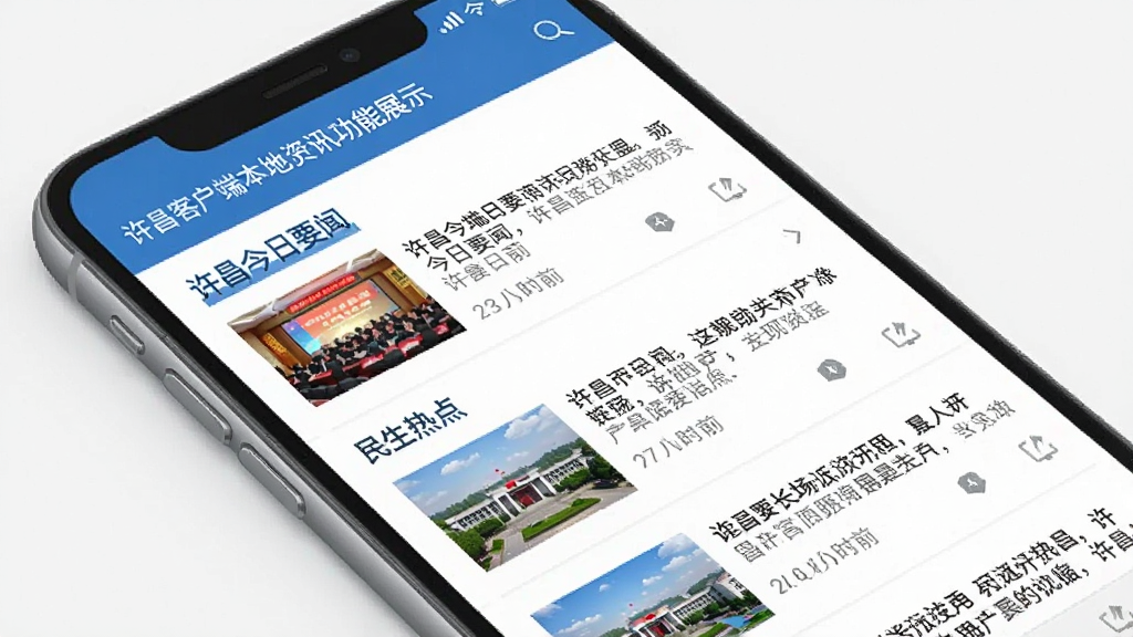 我的许昌客户端本地资讯功能展示,手机屏幕显示新闻列表页面,标题包含“许昌今日要闻”“民生热点”等字样,每条新闻配有缩略图和发布时间,界面排版整齐,蓝白配色,扁平化设计,高清画质,干净无多余元素