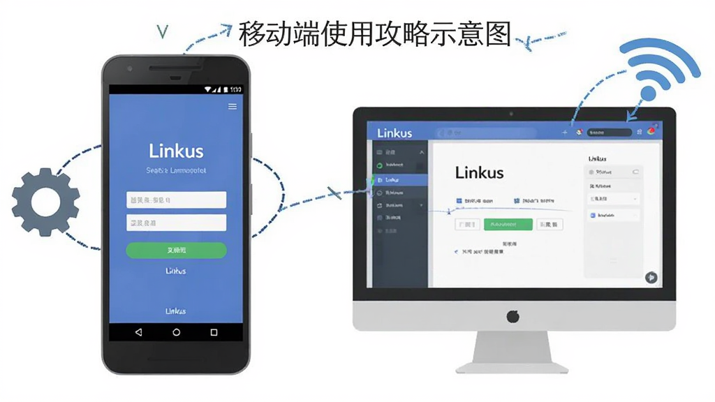 Linkus�ƶ���ʹ�ù���ʾ��ͼ��������һ����׿�ֻ���һ�����ԣ���Ļ�Ϸֱ���ʾLinkus�ĵ�¼����������棬����Ϊ���ҶԱȣ��Ű�Ϊ��棬���Ϊ��ƽ���̳̲廭��ϸ�ڰ����ֻ��Եĳ�������ͼ�ꡢ�����Ե�WiFi�ź�ͼ�ꡢ�����ϵġ�Linkus�����ֺͷֻ�������򣬻��������ɾ����޶���Ԫ��