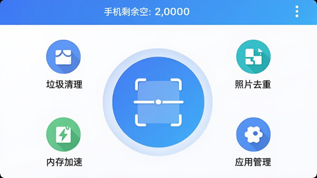 �ֻ����������������棬�м���һ��Բ�εĴ�ɨ�谴ť����Χ������������������Ƭȥ�ء��ڴ���١�Ӧ�ù����ĸ�����ͼ�꣬���������׽���ļ���񣬶�����ʾ�ֻ��洢ʣ��ռ䣬���岼�����������ֱ�ǩΪ���ģ����ʸɾ��޶���Ԫ��