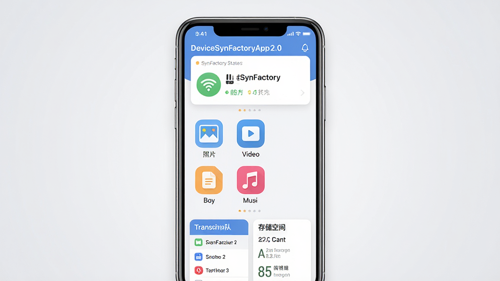 һ��չʾSynFactoryApp2.0�ֻ�App���������ϸͼƬ��������һ�������ֻ���Ļ����Ļ����ʾ��SynFactoryApp2.0Ӧ�ý��棬�����������������豸����״̬��Ƭ���м����ļ�����ͼ�꣨��Ƭ����Ƶ���ĵ������֣����ײ��Ǵ�����кʹ洢�ռ�������Ű�Ϊ����չʾ�ֻ��������Ǽ���ǳ��ɫ���䣬����ִ���ƽ����ϸ�ڰ���Բ���ͼ�ꡢ���������ֱ�ǩ�����ʸɾ����޶���Ԫ�أ������ұ�����