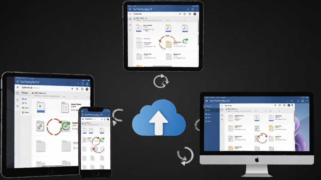 һ��չʾSynFactoryApp2.0�ļ���������ͬ�����ܵ�ͼƬ���������ֻ���ƽ�塢������̨�豸Χ��һ���ƴ洢ͼ�꣬ÿ̨�豸��Ļ�϶���ʾSynFactoryApp2.0���ļ��б����棬����Ϊ�����λ��ƣ���������Լ��ϸ�ڰ���ͬ����ͷ���ļ�ͼ�ꡢ�豸�߿򣬻��ʸɾ����޶���Ԫ�ء�