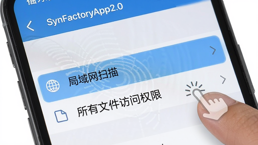 һ��չʾSynFactoryApp2.0���ֻ����������緢�ֺ�Ȩ�޵Ľ�ͼ���ͼƬ���������ֻ���Ļ��ʾ���ò˵��б���������ʾ��������ɨ�衱�͡������ļ�����Ȩ�ޡ�����ѡ�����Ϊ�ֻ�������д�����̳�ָ����ϸ�ڰ�����ָ���ͼ�ꡢ�˵����������������ʸɾ����޶���Ԫ�ء�