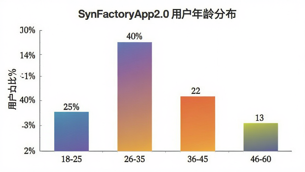 һ��չʾSynFactoryApp2.0�û�����ֲ�����״ͼͼƬ����������״ͼ������Ϊ�����18-25��26-35��36-45��46-60������Ϊ�û�ռ�Ȱٷֱȣ����Ӹ߶ȷֱ���ʾԼ25%��40%��22%��13%������Ϊͼ�����У�������ɫ��������ݿ��ӻ���ϸ�ڰ�����״��ɫ���䡢��ֵ��ǩ���������ʸɾ����޶���Ԫ�ء�
