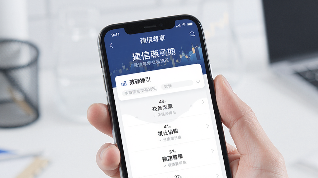 建信尊享 交易流程界面 步骤指引清晰 手机屏幕展示 现代金融APP风格 干净背景 高清画质