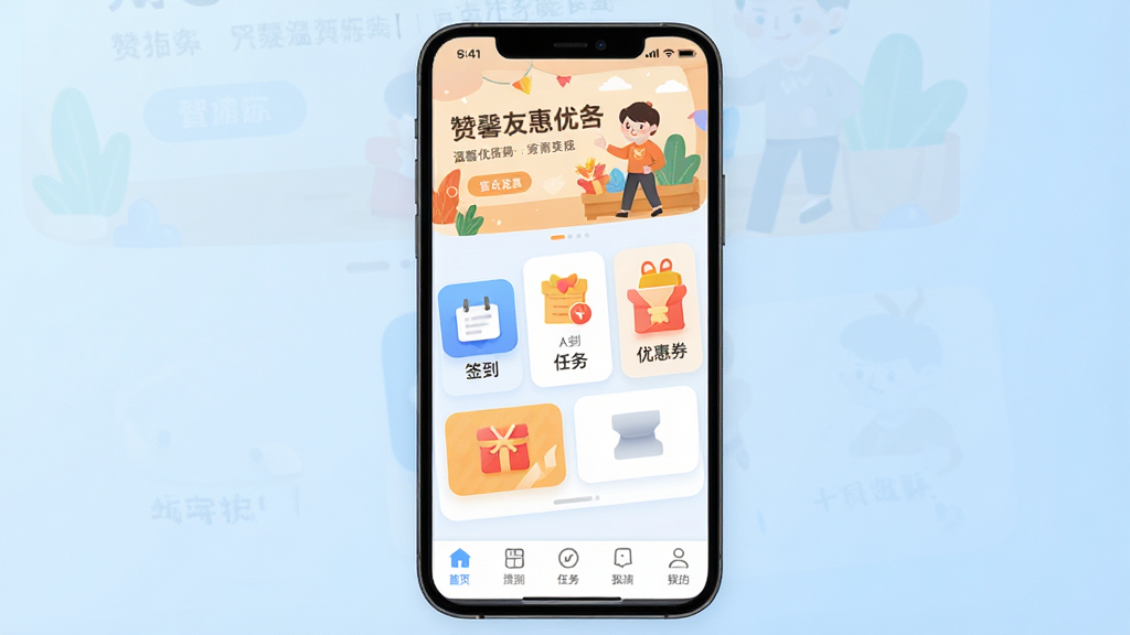 һ���ֻ���Ļչʾ���ѻ�Ӧ�������棬������ʾ��ܰ�Ĳ廭��������м�������ǩ���������Ż�ȯ��ͼ�꿨Ƭ���ײ������������ɼ�����������͵�ǳ��ɫ���䣬����ɾ����࣬���ֱ�ǩ�������������ִ���ƽ�������ʸ����޶���Ԫ��