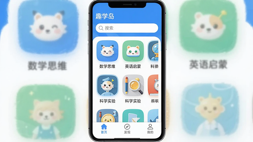 Ȥѧ��Ӧ�������棬�ֻ���Ļ����չʾ�����涥����ʾ��Ȥѧ����Ӧ�����ƺ����������м��Ƿ��������Ŀγ̿�Ƭ���򣬰�����ѧ˼ά��Ӣ�����ɡ���ѧʵ���ͼ�꣬�ײ�Ϊ��ҳ�����֡��ҵ�����������ť�������������������ɫ����ƽ����Ʒ��ͼ��Բ�󣬻��ʸɾ��������޶���Ԫ�أ��ʺ�Ӧ���̵�չʾͼ