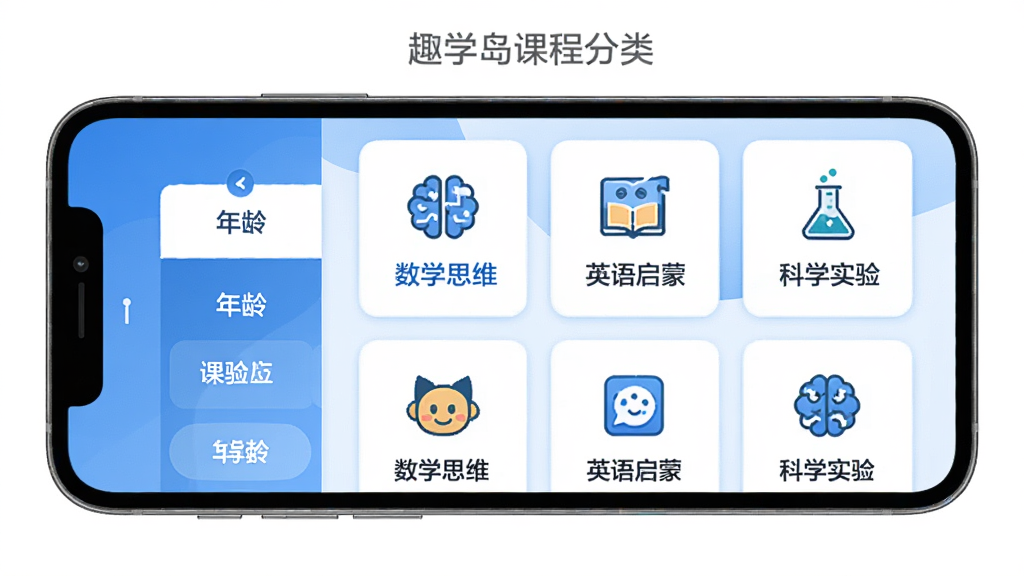 Ȥѧ���γ̷���ҳ�棬�ֻ���Ļչʾѧ�Ʒ��ർ�������Ϊ����ɸѡ�����Ҳ�Ϊ�γ̿�Ƭ���񣬿�Ƭ�ϱ�ע����ѧ˼ά����Ӣ�����ɡ�����ѧʵ�顱����������ɫ������Ϊ����ͼ���࣬�������������ʸɾ����ʺ�Ӧ�ù��ܽ�����ͼ