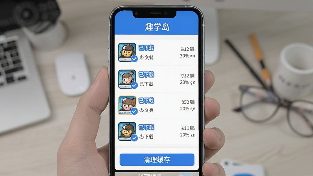 Ȥѧ�����߻��湦�ܽ��棬�ֻ���Ļ��ʾ���ع���ҳ�棬�б����ж���ѻ���γ���Ŀ��ÿ����Ŀ���С������ء���ʶ���ļ���С�������С�Ȥѧ�������⣬�ײ����������水ť�����������ˬ��������ɫ�������������ʺϹ���˵����ͼ