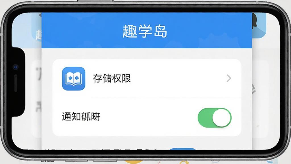 Ȥѧ����װ���ý��棬�ֻ���Ļ��ʾȨ�޹���ҳ�棬�д洢Ȩ�޺�֪ͨȨ�޿��أ�������ע��Ȥѧ����Ӧ�����ƣ������࣬��ɫΪ���ף�ͼ�����������ʸɾ����ʺϽ̳���ͼ