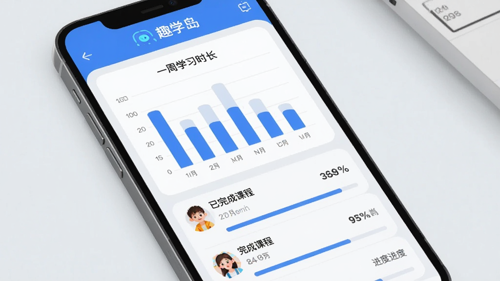 Ȥѧ��ѧϰ����ҳ�棬�ֻ���Ļչʾѧϰ����ͳ�ƽ��棬�����С�Ȥѧ����Ӧ�������м�Ϊ��״ͼ��ʾһ��ѧϰʱ�����·�Ϊ����ɿγ��б��ͽ��Ȱٷֱȣ���ɫΪ��ɫ��ǳ��ɫ���������ִ������ʸɾ����ʺϹ���չʾ
