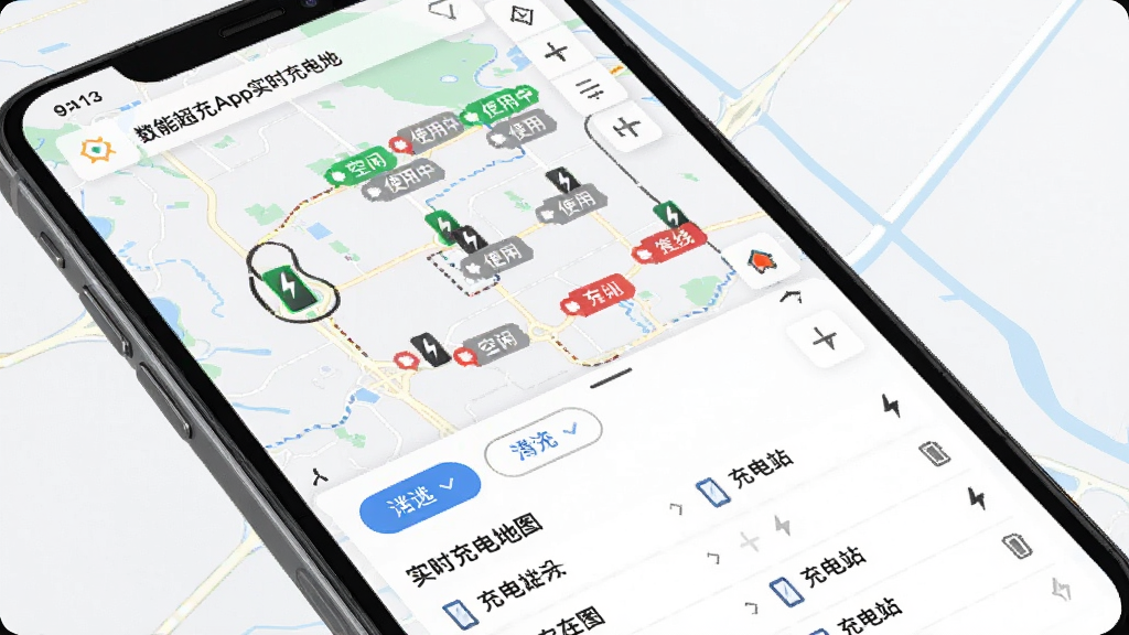 ���ǳ���Appʵʱ����ͼ���棬����չʾ�ֻ���Ļ�ϵĵ�ͼ����ͼ���ò�ͬ��ɫ��ע���׮״̬����ɫ�������С���ɫ����ʹ���С���ɫ�������ߣ���ͼ�·���ɸѡ��ť�ͳ��վ�б������������ִ������ֱ�ǩ���������ʸɾ����޶���Ԫ��