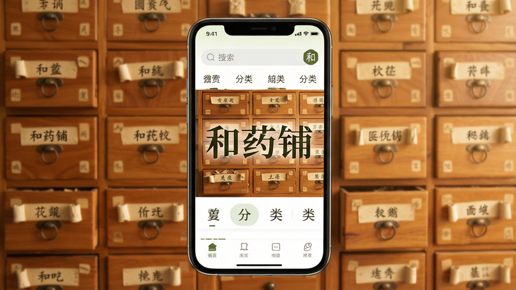 һ���ֻ���Ļչʾ��ҩ��APP�Ľ��棬������ʾ����ҩ�̡��������֣�������ůɫ����ľ��ҩ�����������ע��ҩ���Ƶĳ��룬���沼�ּ�࣬��������ͷ����ǩ�����������Ȼ�����ʸɾ����޶���Ԫ��