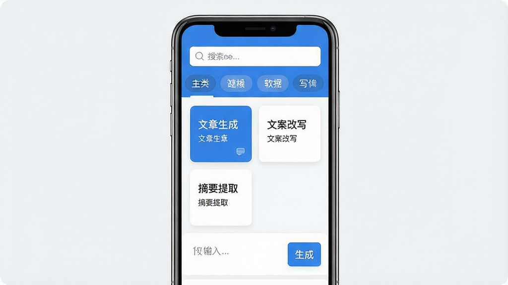 һ��չʾȫ��AIд���������Ľ����ͼƬ�������������ֻ���Ļ����Ļ����ʾȫ��AIд��APP����ҳ���������������ͷ����ǩ���м���д��ģ�忨Ƭ�������������ɡ��İ���д��ժҪ��ȡ���ײ������������ɰ�ť�����岼�ּ������������ִ���ƽ����������ɫ�����ֱ�ǩ��ȷ�����ʸɾ��޶���Ԫ��