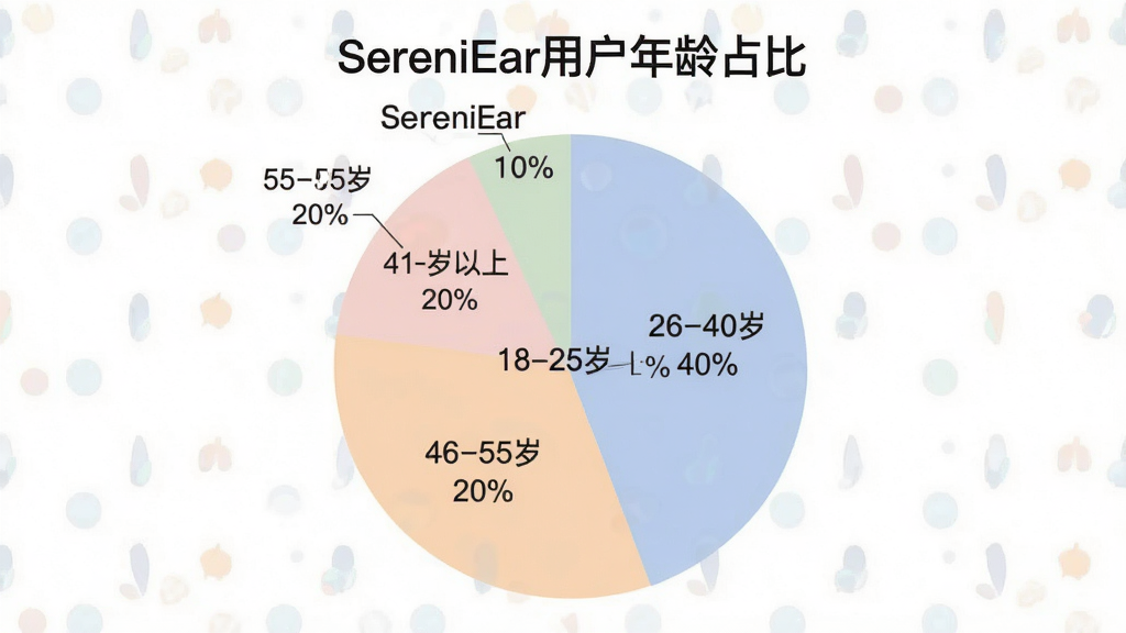 һ��SereniEar�û�����ֲ���״ͼ��ͼ������Ϊ��SereniEar�û�����ռ�ȡ�����ͼ��Ϊ�Ŀ飬�ֱ��ע��18-25�� 30%������26-40�� 40%������41-55�� 20%������55������ 10%����ͼ������࣬��ɫ��ͣ�ͼƬ�д��С�SereniEar������