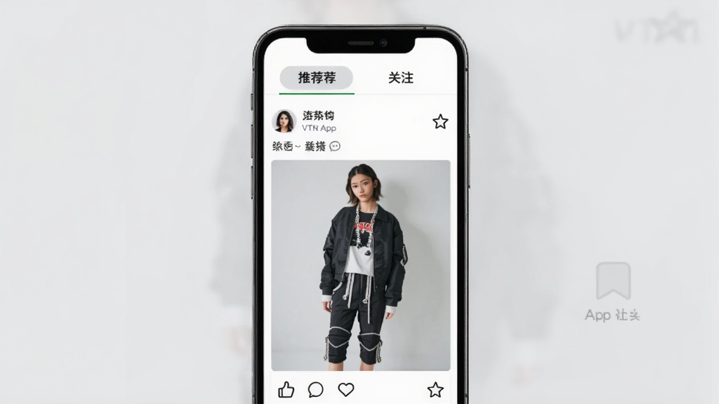 VTN App社区界面展示,手机屏幕显示用户发布的潮流穿搭图文帖子,包含点赞、评论、收藏图标,页面顶部有推荐和关注标签,背景为浅灰色,风格社交化,排版错落有致,画质干净无多余元素