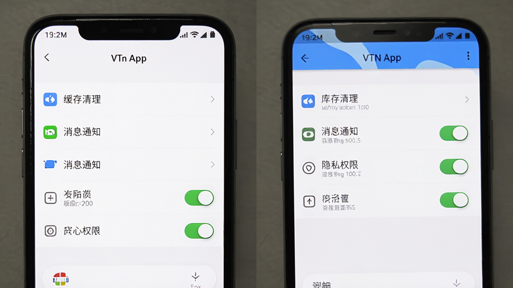 VTN App设置页面与权限管理界面展示,手机屏幕显示应用设置选项,包含缓存清理、消息通知、隐私权限开关等条目,背景为白色,风格简洁明了,图标清晰,排版整齐,画质干净无多余元素