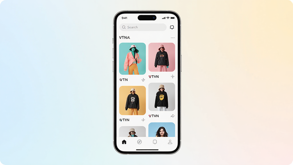 VTN App主界面全貌展示,画面中心是一部智能手机,屏幕显示VTN应用首页,顶部搜索栏,中部是潮流商品卡片瀑布流,底部导航栏清晰,背景是简约的浅色渐变,风格现代扁平,色彩明亮柔和,细节圆润,画质干净无多余元素