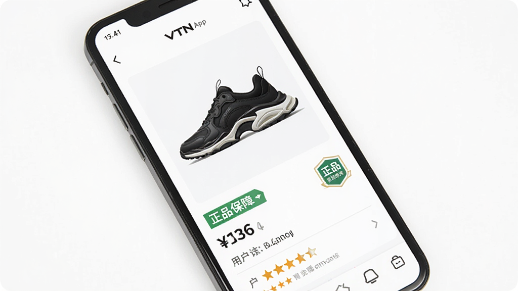 VTN App商品详情页展示,画面中手机屏幕显示一款潮流运动鞋的商品页面,包含高清商品图、价格标签、正品保障标识、用户评价星级,背景为干净的白色,风格简洁现代,排版清晰,画质干净无多余元素