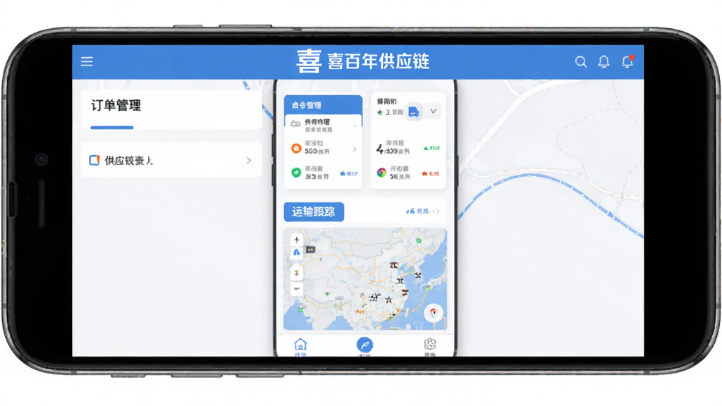 ϲ���깩Ӧ������������ȫòչʾ���ֻ���Ļ���У�������ʾϲ���깩Ӧ��logo�����ƣ��м��Ƕ���������Ƭ��������ٵ�ͼ���ײ�Ϊ���ܵ�������������ɫ����ƽ����Ʒ�񣬽���ɾ����࣬���������޶���Ԫ��