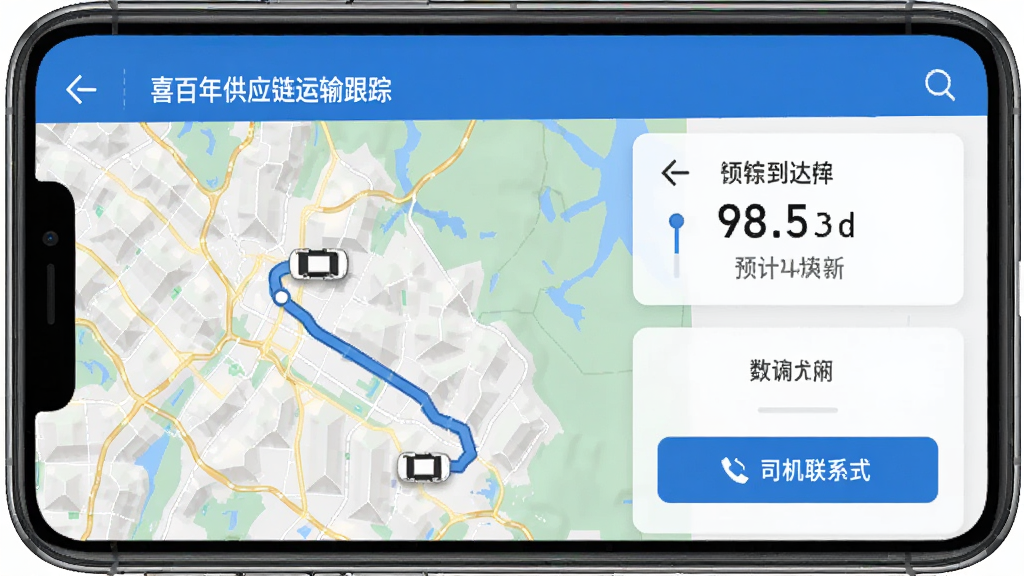ϲ���깩Ӧ��������ٹ��ܽ��棬�ֻ���Ļ��ʾ��ͼ������·�ߣ�����ͼ����·���ƶ����Ա���Ԥ�Ƶ���ʱ�俨Ƭ��˾����ϵ��ʽ��ť����ɫ���⣬��ͼϸ�����������沼�ֺ��������ʸɾ�