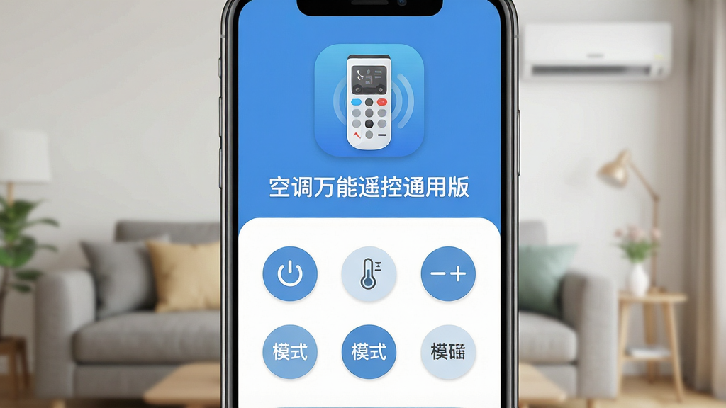 һ���ֻ���Ļ��д����������չʾ���յ�����ң��ͨ�ð桱App�����棬�����ǿյ�ң�������͵�ͼ�꣬�м������ŵ�Դ���¶ȼӼ���ģʽ�л���Բ�ΰ�ť�������ǿ���ɳ���Ϳյ����黯���������ּ�࣬�Ű�����������ִ���ƽ����ϸ��Բ�󣬻��ʸɾ��޶���Ԫ�أ����ֱ�ǩ��ȷ�������б�����֡��յ�����ң��ͨ�ð桱����