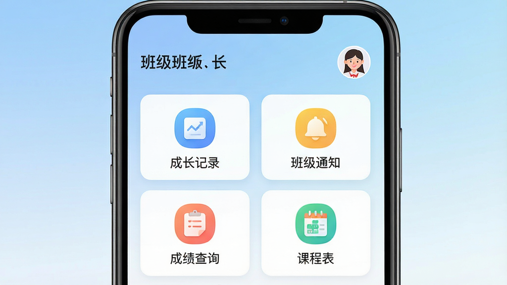 һ���ֻ���Ļ��ͼ�����������ǡ��ڳɳ���App�������棬������ʾ�༶���ƺ��û�ͷ���м��ǹ��ܿ�Ƭʽ���֣��������ɳ���¼�����༶֪ͨ�����ɼ���ѯ�����γ̱����ĸ���ɫͼ�꣬��������͵����׽��䣬���������ִ��������������ɾ��޶���Ԫ��