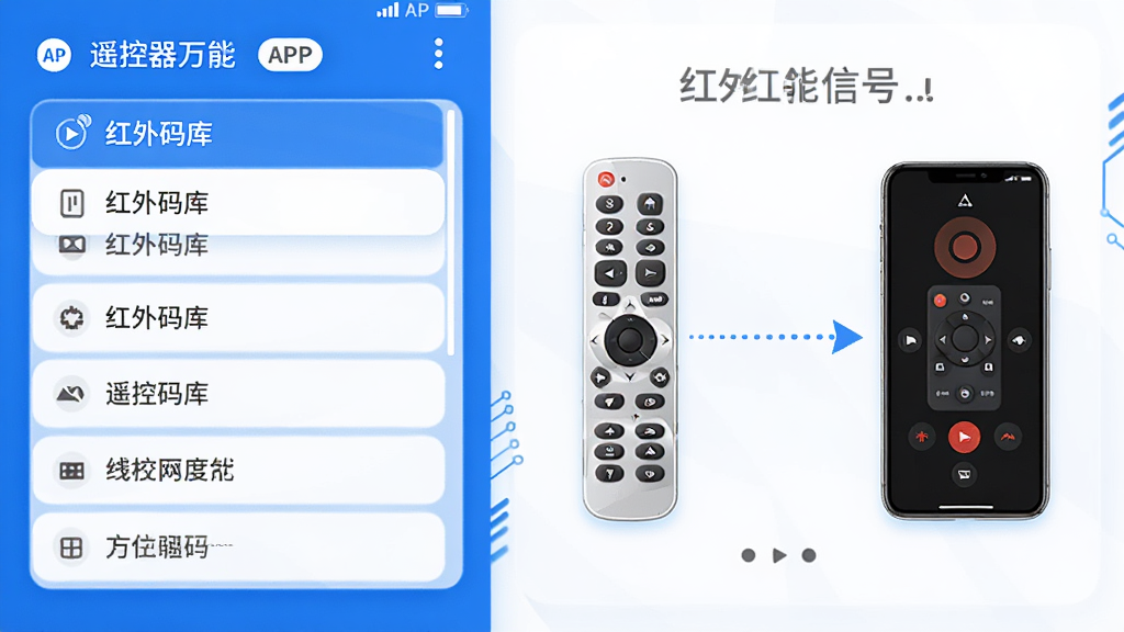 ��ң���������͡�APP����չʾ���棬�����ʾ��������б����Ҳ�չʾ�ֻ�ѧϰң���������źŵ�ʾ��ͼ����������ң�������ֻ�֮�������߼�ͷ���ӣ����Ƽ���ʮ�㵫���ּ�࣬������ɫ�����������ɾ�