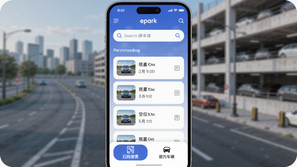 ����������һ�������ֻ�����Ļ��ʾeparkӦ�������棬����������ͣ������������м��Ǹ���ͣ�����б��Ϳ�λ�������ײ���ɨ��ɷѺ��ҵĳ���ѡ��������ǳ��е�·��ͣ�������黯����������ִ���ƽ��ϸ��Բ�󣬻��ʸɾ����޶���Ԫ��