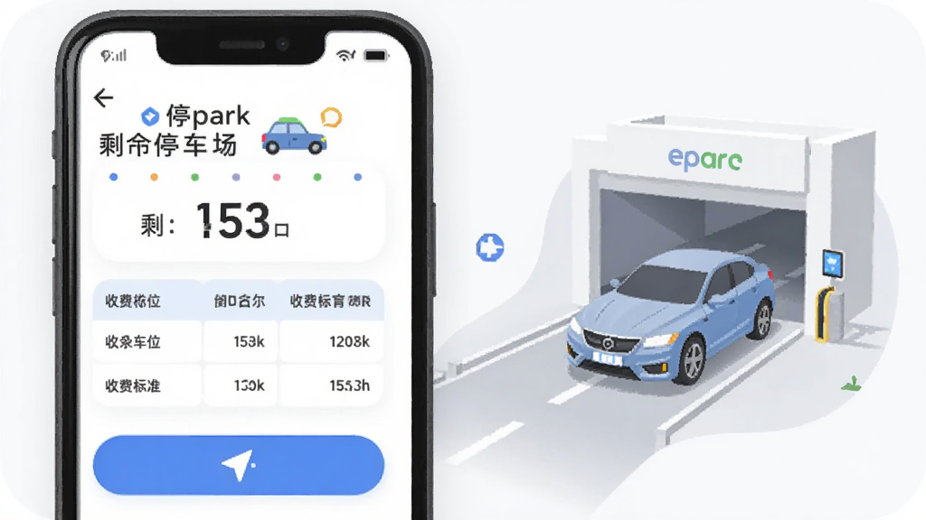 ����չʾeparkӦ����ͣ��������ҳ�棬�������ֻ���Ļ��������ͣ�������ơ�ʣ�೵λ���֡��շѱ�׼����͵�����ť���Ա���һ����������ʻ��ͣ�����Ĳ�ͼ������������������ִ���ϸ��Բ�󣬻��ʸɾ����޶���Ԫ��