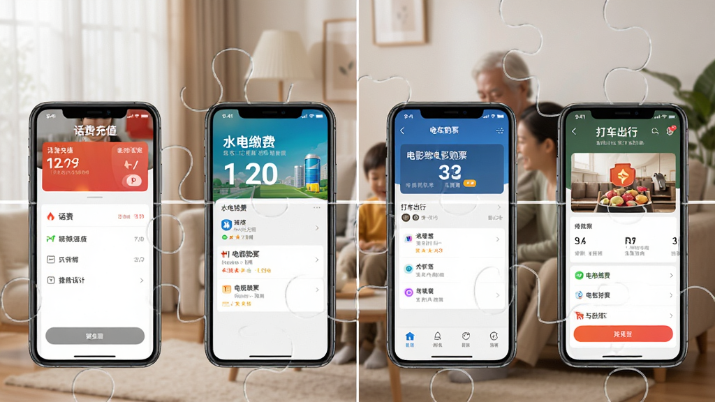 һ��չʾ��������App��������ܵ�ƴͼʽͼƬ���������ֻ���Ļ�ֱ���ʾ�Ż��ѳ�ֵ��ˮ��ɷѡ���Ӱ��Ʊ���򳵳��еȲ�ͬ���ܽ��棬��������ܰ�ļ�ͥ�������������ִ������ʸɾ�������ͻ�����޶���Ԫ��