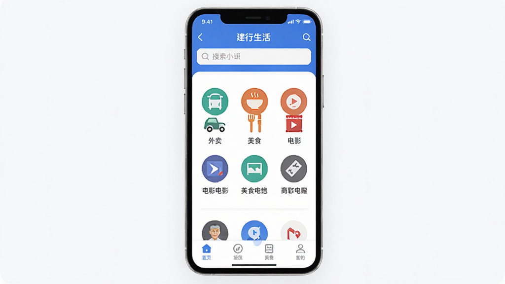 һ�Ž�������App��ҳ�Ľ���չʾͼ���������ֻ���Ļ��ʾ�ż���App��ҳ�����������������м�����������ʳ����Ӱ��Բ�ι���ͼ�꣬�ײ��ǵ�������������������ɫΪ�������ָɾ����࣬����ִ���ƽ�������������޶���Ԫ��