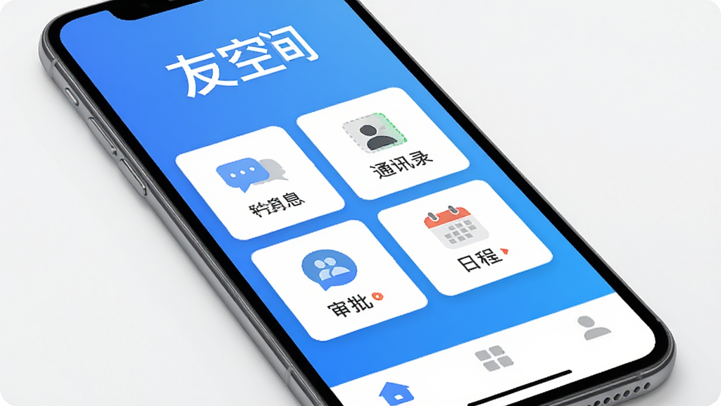 �ֻ���Ļչʾ�ѿռ�App�����棬��ɫ���䱳����������ʾ���ѿռ䡹��ɫ���֣��м��ǿ�Ƭʽ����ģ�����У�������Ϣ��ͨѶ¼���������ճ�ͼ�꣬�ײ������������������������񣬱�ƽ����ƣ����ʸɾ��������޶���Ԫ��