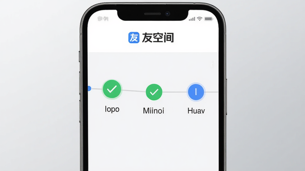 �ѿռ�App��������չʾ���ֻ���Ļ��ʾ��������ʱ���ᣬ��ɫ�Թ���ʾ��ͨ���ڵ㣬��ɫԲȦ��ʾ�������ڵ㣬�����С��ѿռ䡹Logo������Ϊǳ��ɫ���䣬�������ִ����������������ʸɾ�������Ԫ��