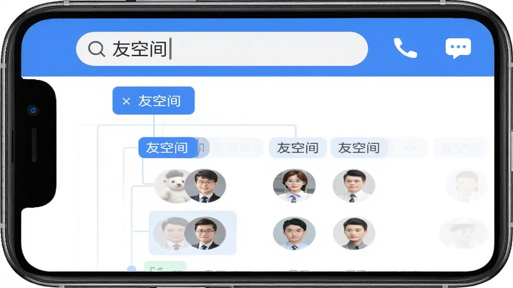 �ѿռ�AppͨѶ¼���棬�ֻ���Ļչʾ��֯�ܹ���״ͼ���������ƺ�ͬ��ͷ���������У�������������ʾ���ѿռ䡹�������Ҳ��п�ݲ��ź���Ϣͼ�꣬��ɫ����ɫ��������ˬ�����ʸɾ����޶���Ԫ��