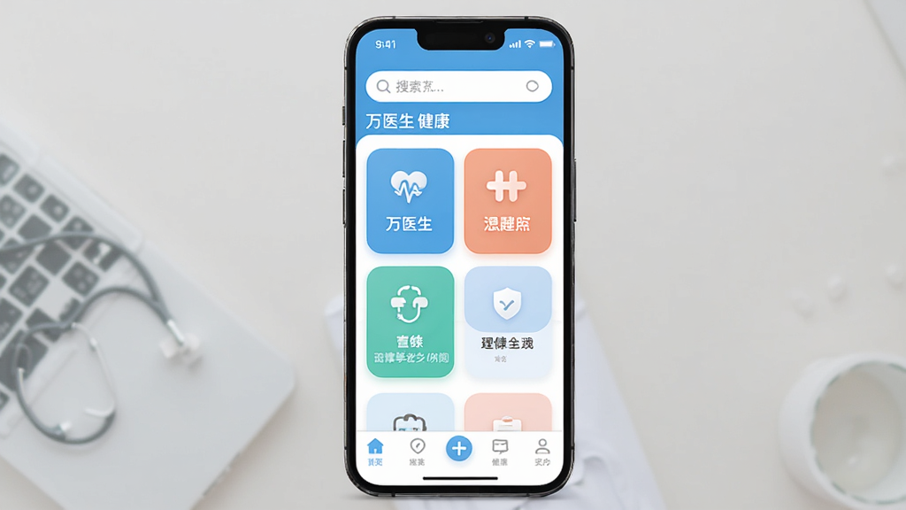 ��ҽ��App������չʾ������Ϊһ�������ֻ���Ļ����Ļ����ʾ��ҽ��Ӧ�õ���ҳ�����ְ��������������м书�ܿ�Ƭ����͵ײ����������Ű�������࣬���Ϊ�ִ���ƽ��ҽ�ƽ�������ƣ�ϸ��Բ����ͣ����ʸɾ��������޶���Ԫ��