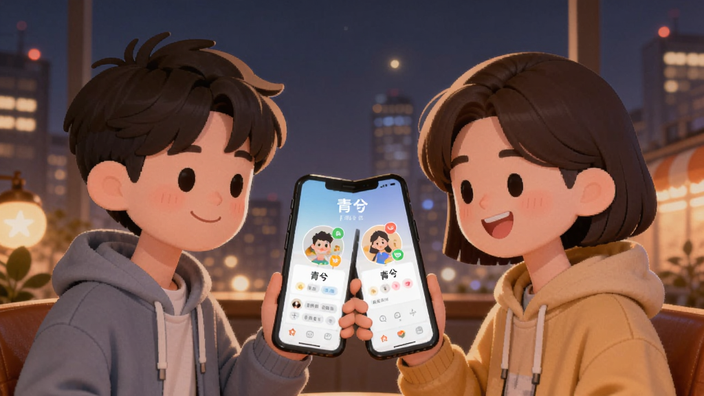 一张表现“青兮”真人社交匹配功能的场景图,画面中两个卡通风格的年轻人隔着手机屏幕微笑打招呼,手机屏幕上显示“青兮”的匹配界面和兴趣标签,背景是温馨的城市夜景,风格温暖治愈,画质干净,无多余元素