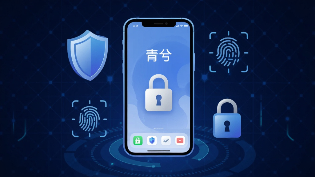 一张展示“青兮”隐私保护功能的示意图,画面中央是一个带锁的手机图标,屏幕上显示“青兮”应用界面,周围有盾牌、指纹识别、加密锁等安全元素,背景为深蓝色科技感网格,风格简洁现代,画质干净,无多余元素