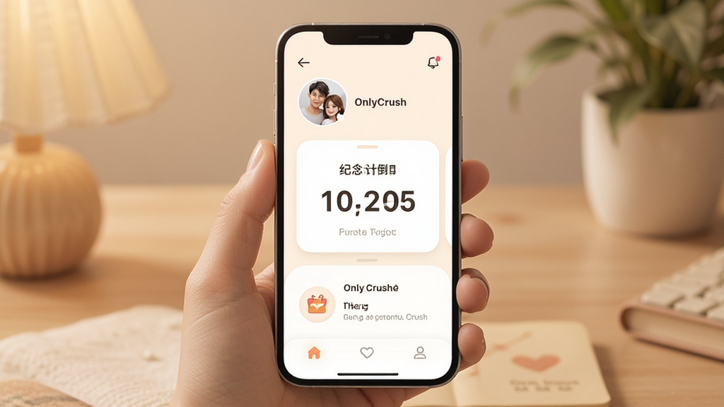 一张展示OnlyCrush应用核心界面的手机样机图,主体是一部竖屏智能手机,屏幕显示应用主界面,布局包含顶部情侣头像与昵称、中间是纪念日倒计时卡片、下方是日记与心情记录入口,排版简洁有序,风格温馨柔和,细节圆润精致,画质清晰干净,无多余元素