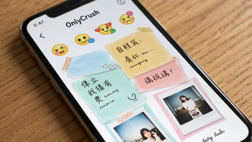 OnlyCrush心情日记功能界面,画面展示一部手机屏幕,屏幕上有各种表情心情图标和彩色日记卡片,卡片上有手写文字和拍立得风格照片,布局错落有致,风格清新文艺,细节丰富,画质干净,无多余元素