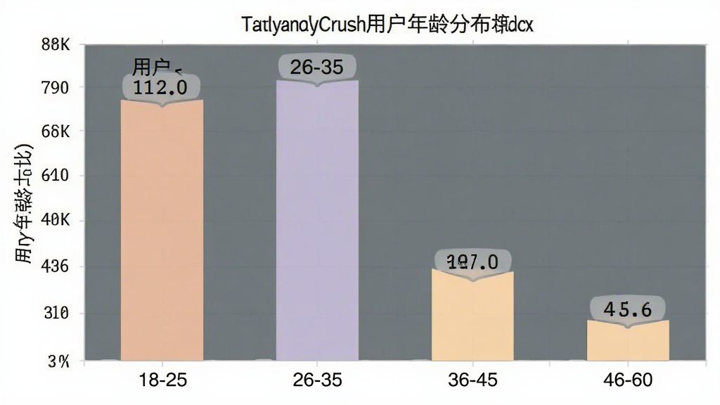OnlyCrush用户年龄分布柱状图,横轴为年龄段18-25、26-35、36-45、46-60,纵轴为用户占比,柱状图显示26-35岁占比最高,整体配色柔和,图表风格简洁现代,数据标签清晰,画质干净,无多余元素
